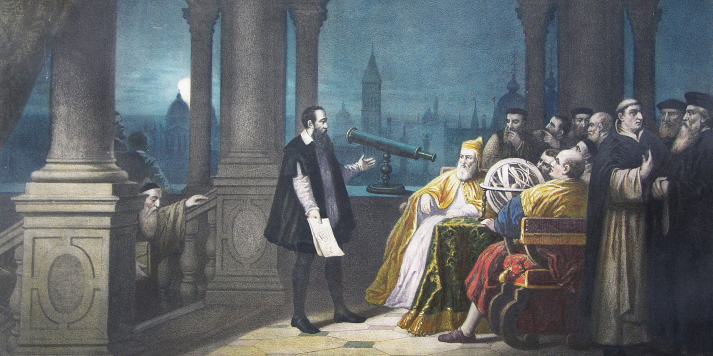 Painting of Galileo demonstrating his telescope