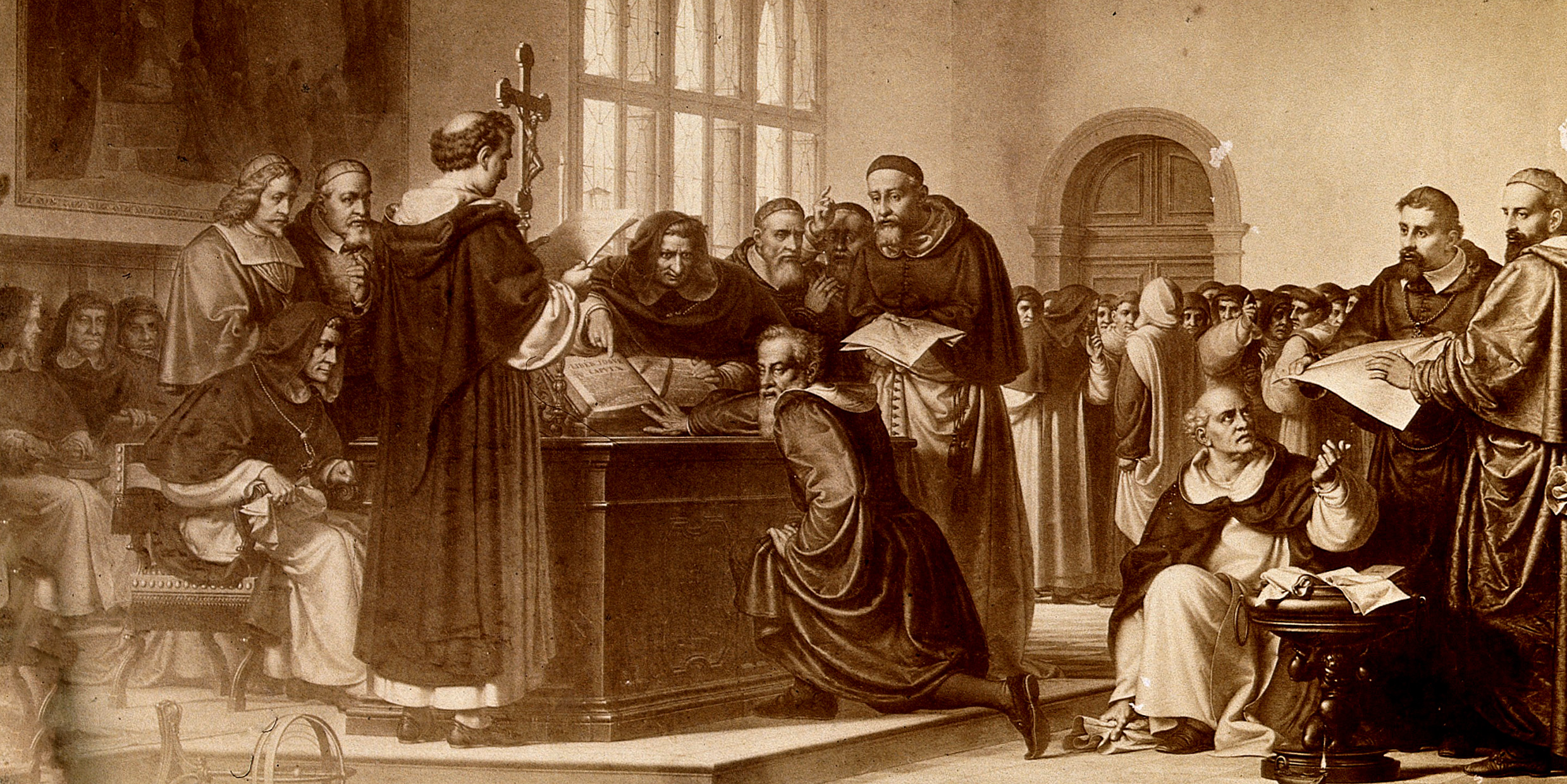 Illustration of Galileo kneeling at his trial