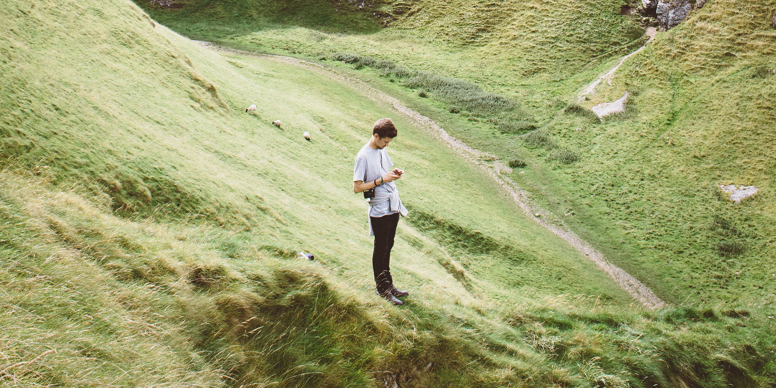 Image of man in the mountains looking at his phone