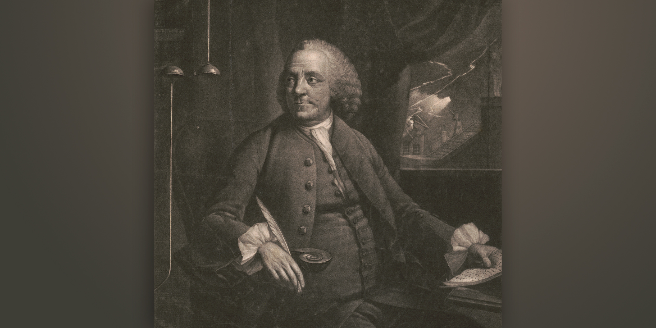 Engraved illustration of Benjamin Franklin seated at his desk