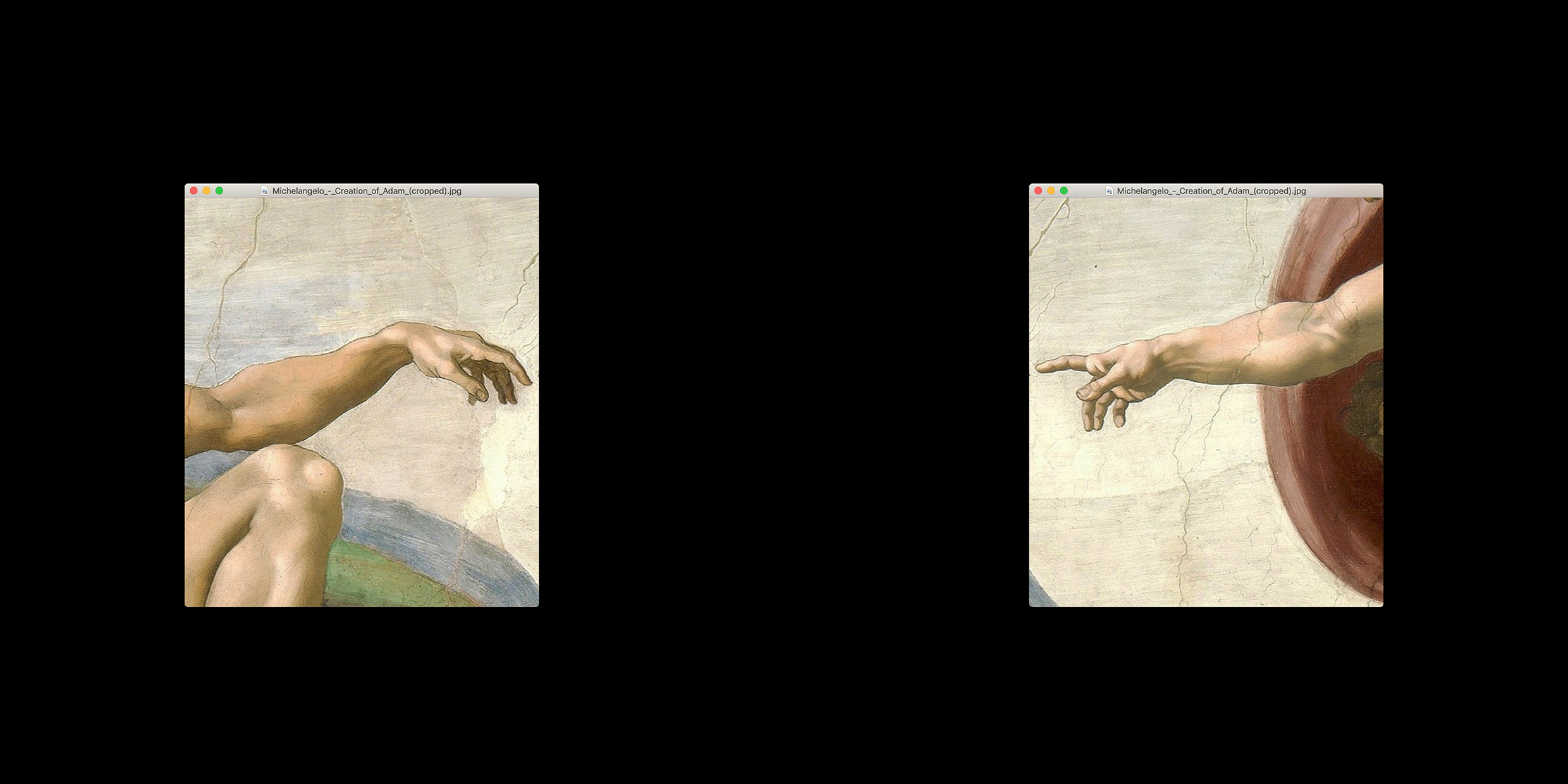 Two inset images from "The Creation of Adam" by Michelangelo