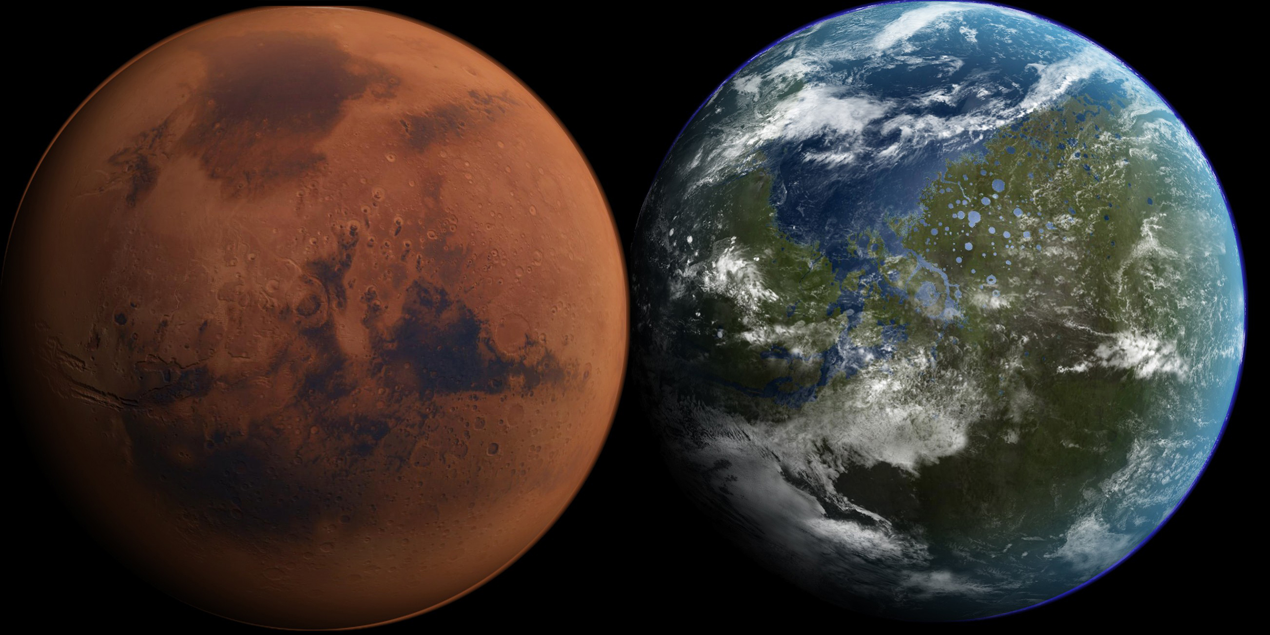 Before and after artist conception of a terraformed Mars