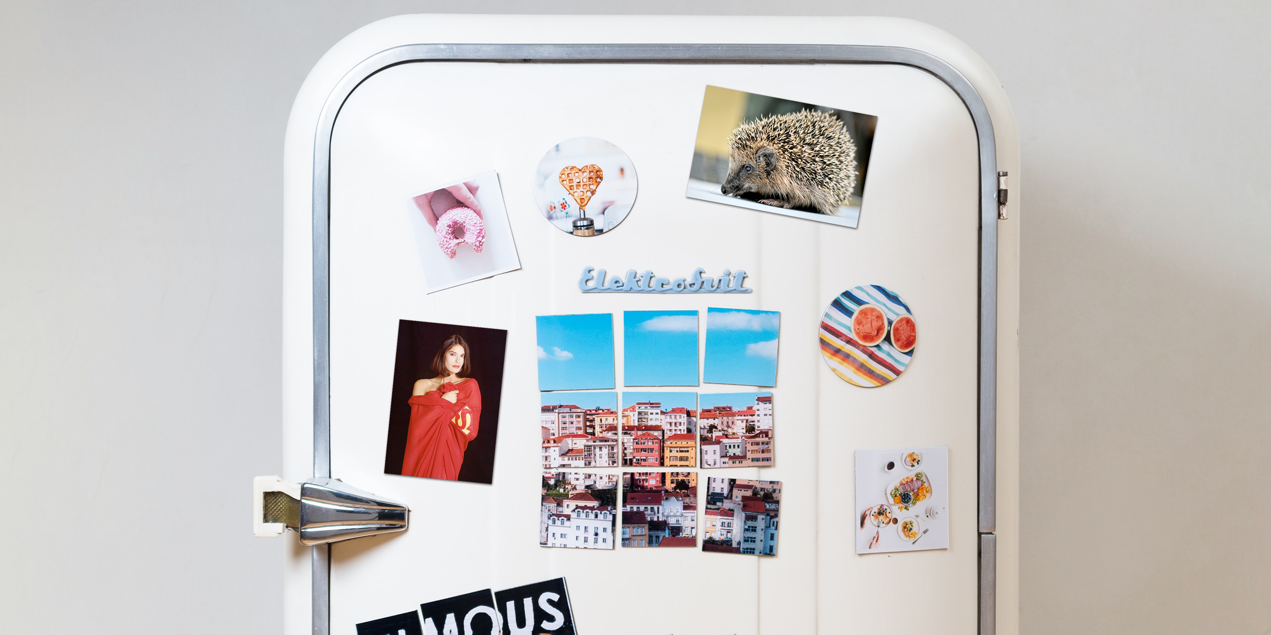 Image of a refrigerator with a collection of photos on the door