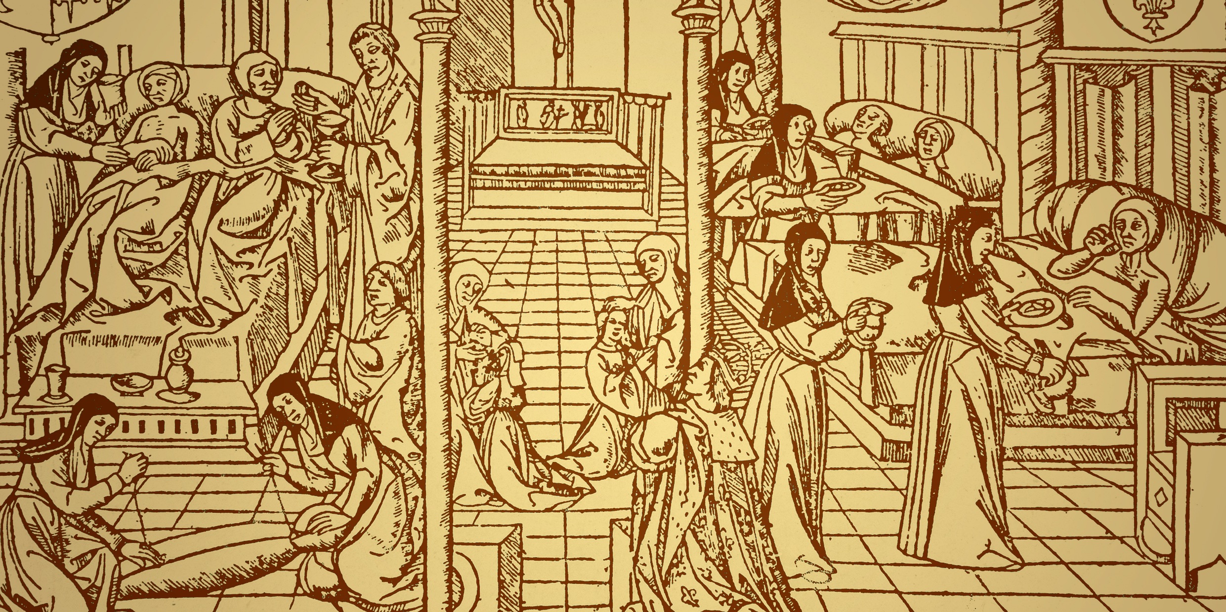 Illustration of medieval hospital ward with patients attended by nuns