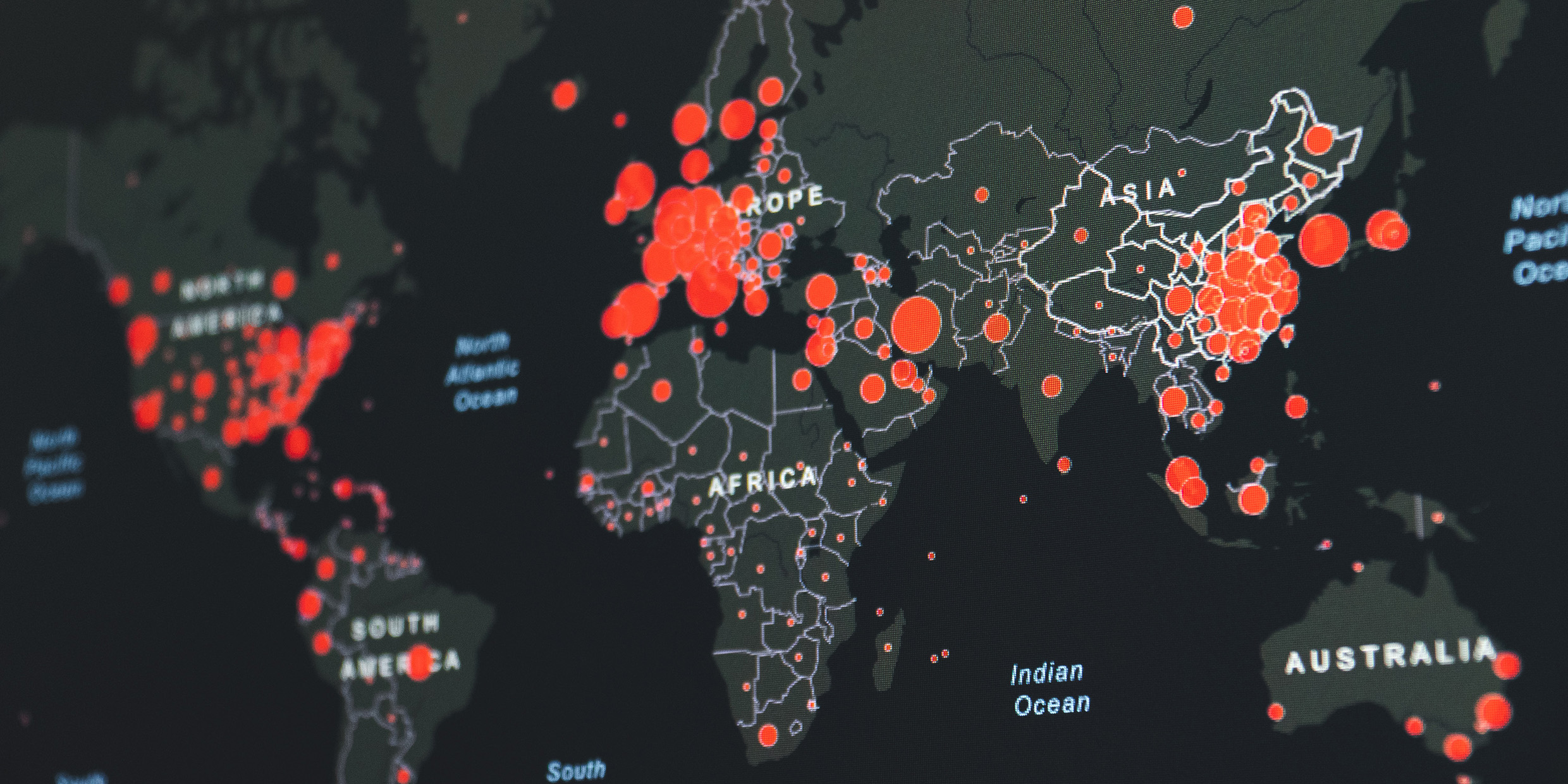 Image of map of world with hotspots marked with red circles