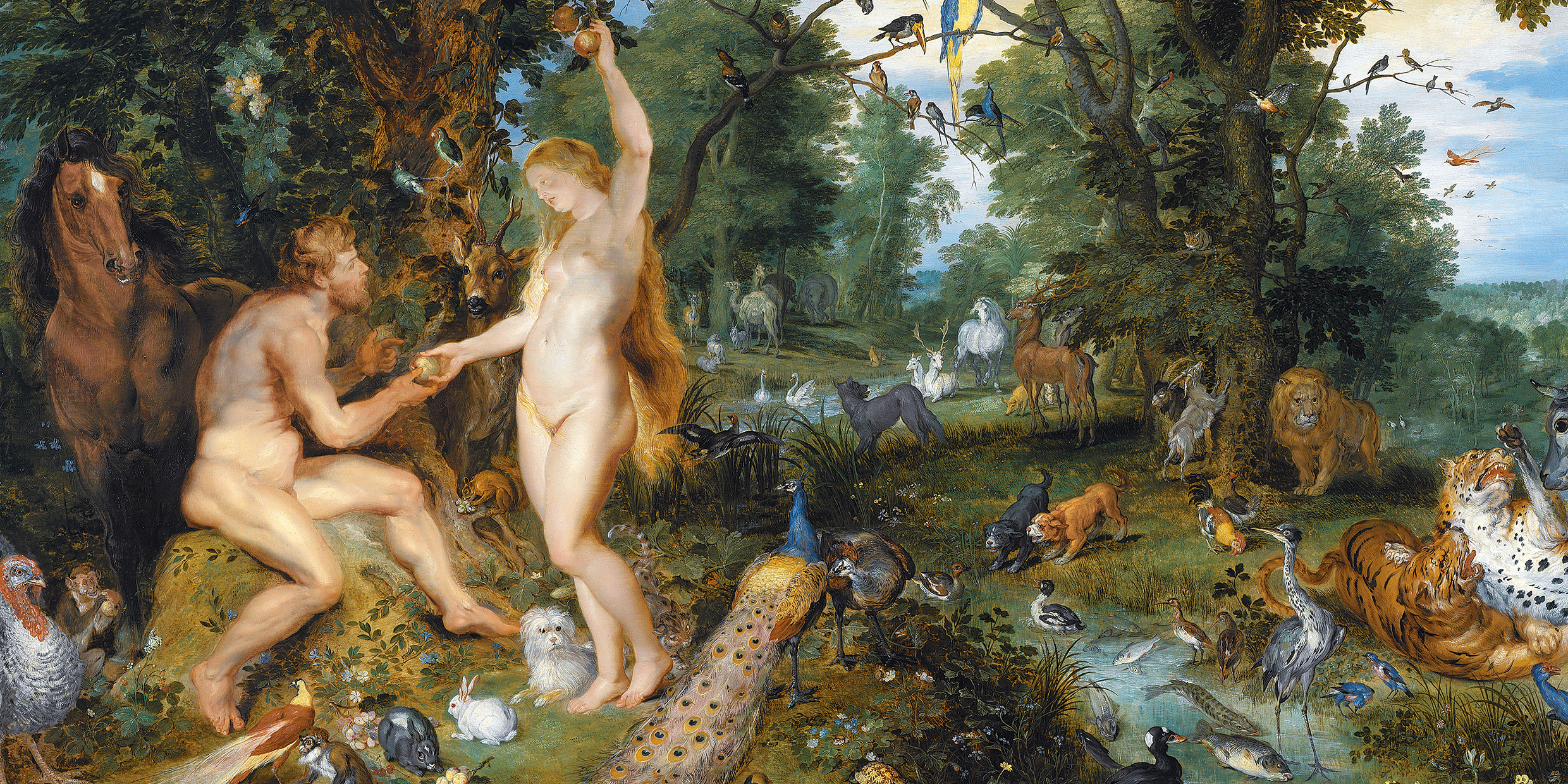 Painting of Adam taking the apple from Eve in the Garden of Eden