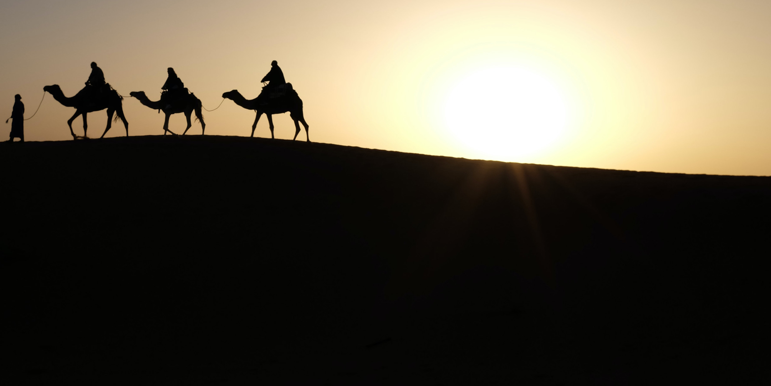 Image of three camels and riders traveling across a desert