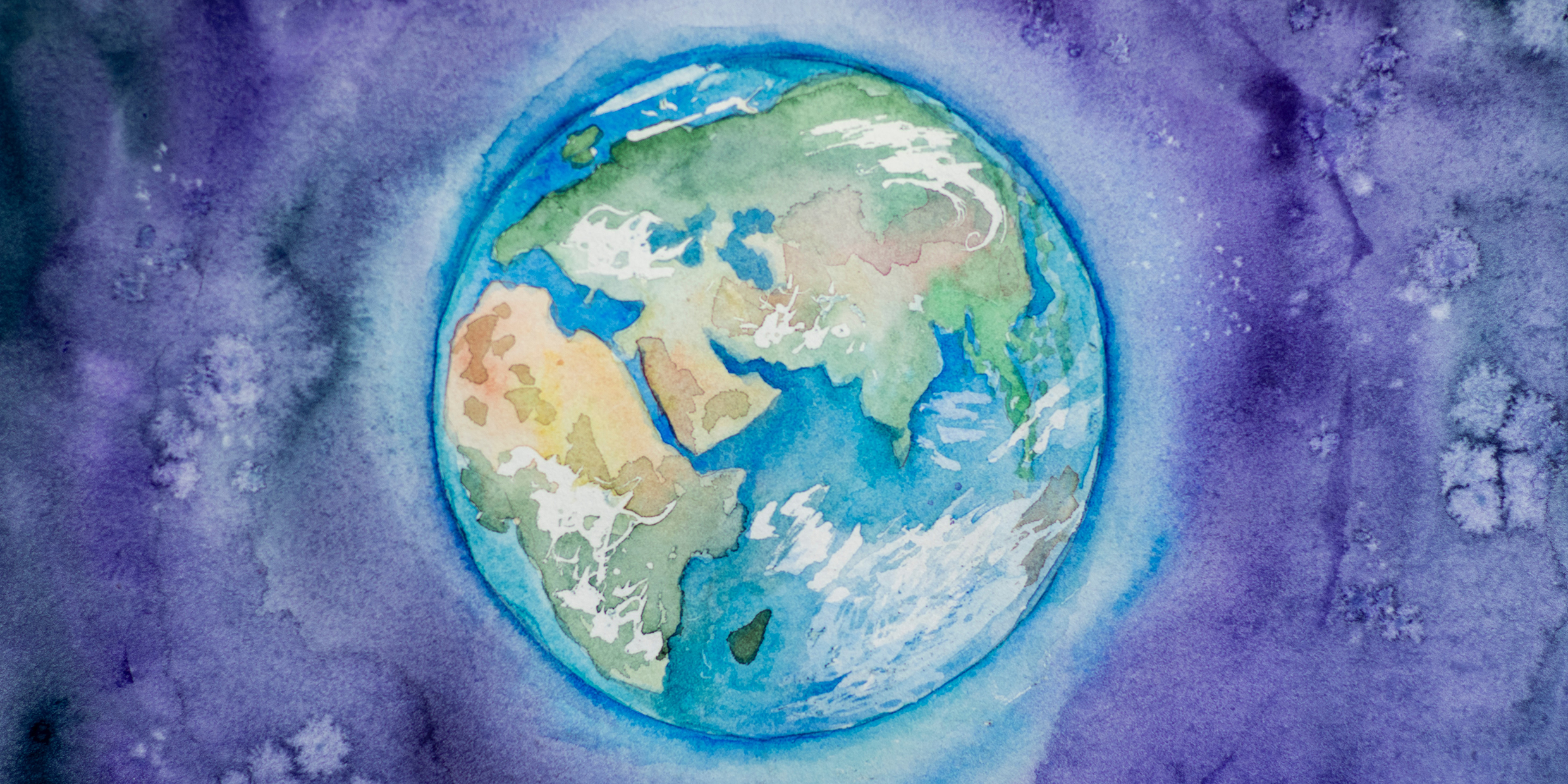 Watercolor painting of the blue-green earth on a purple background