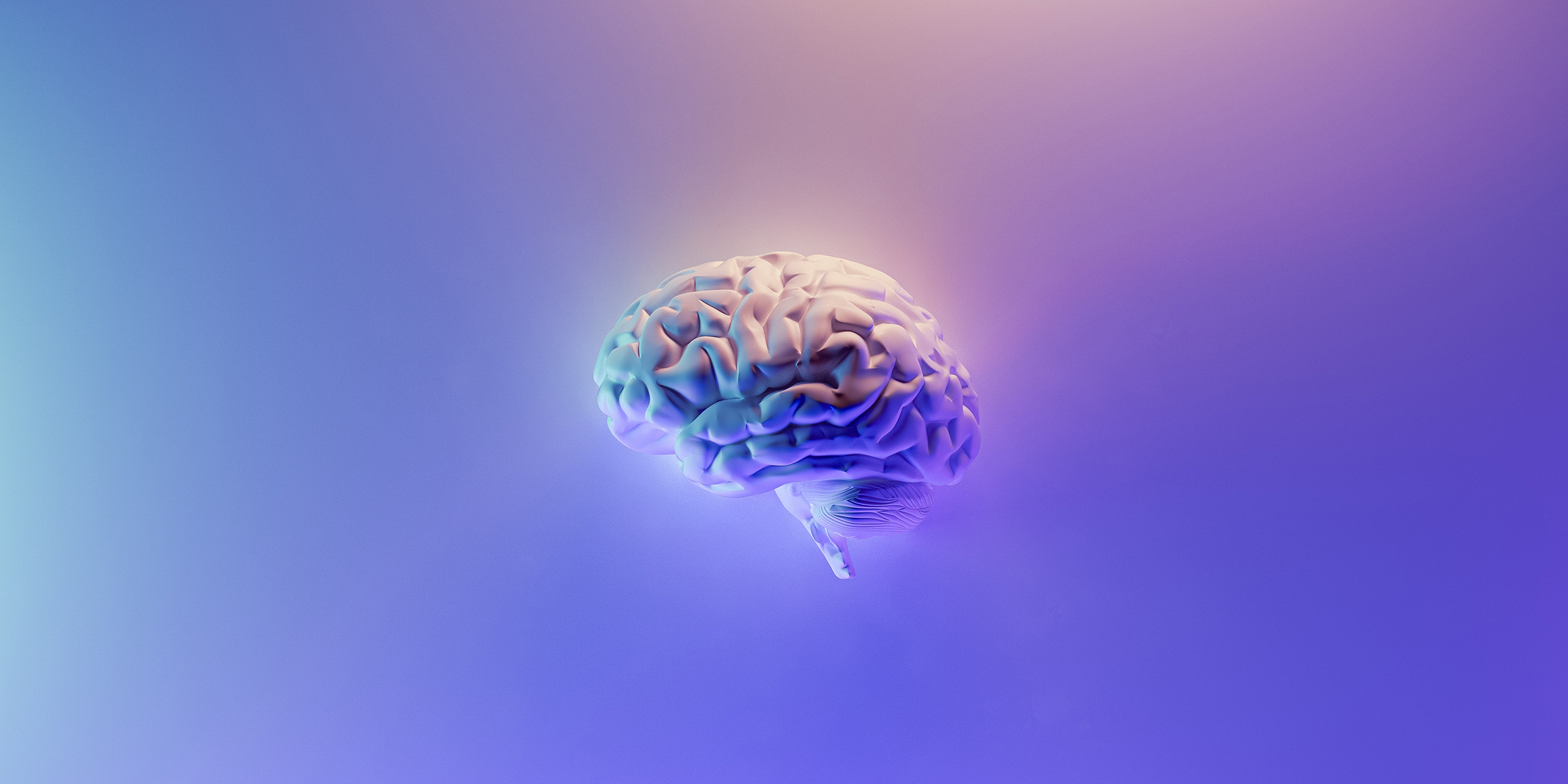 Artistic 3d rendering of the human brain against a purple background