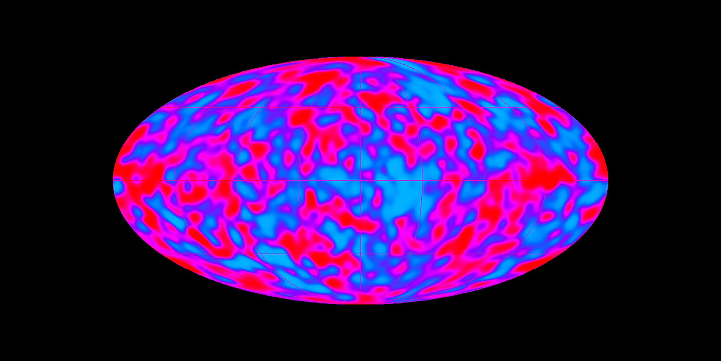 Oval-shaped red and blue map of the Cosmic Microwave Background radiation