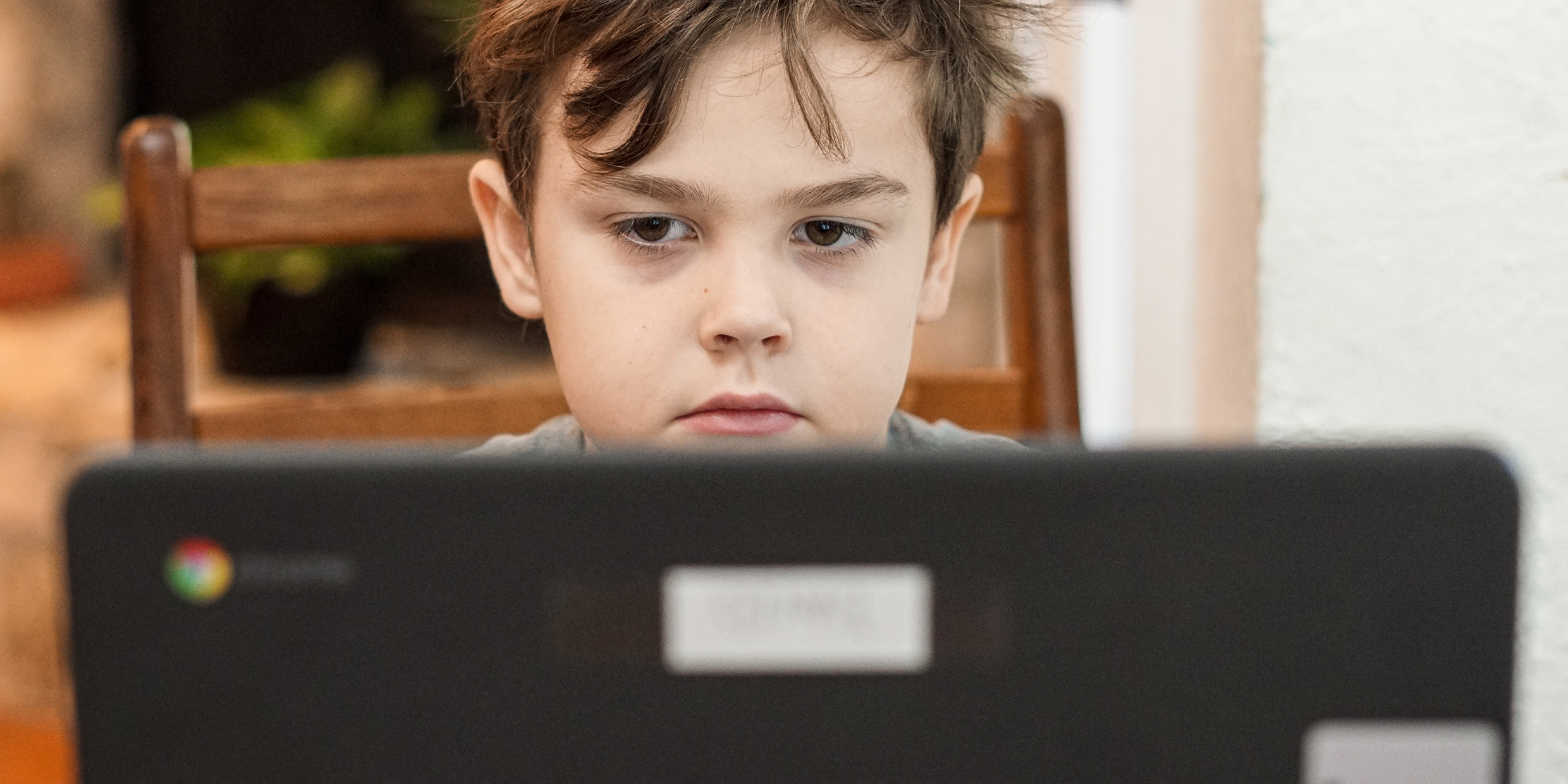 Image of a young boy staring intently at a laptop screen