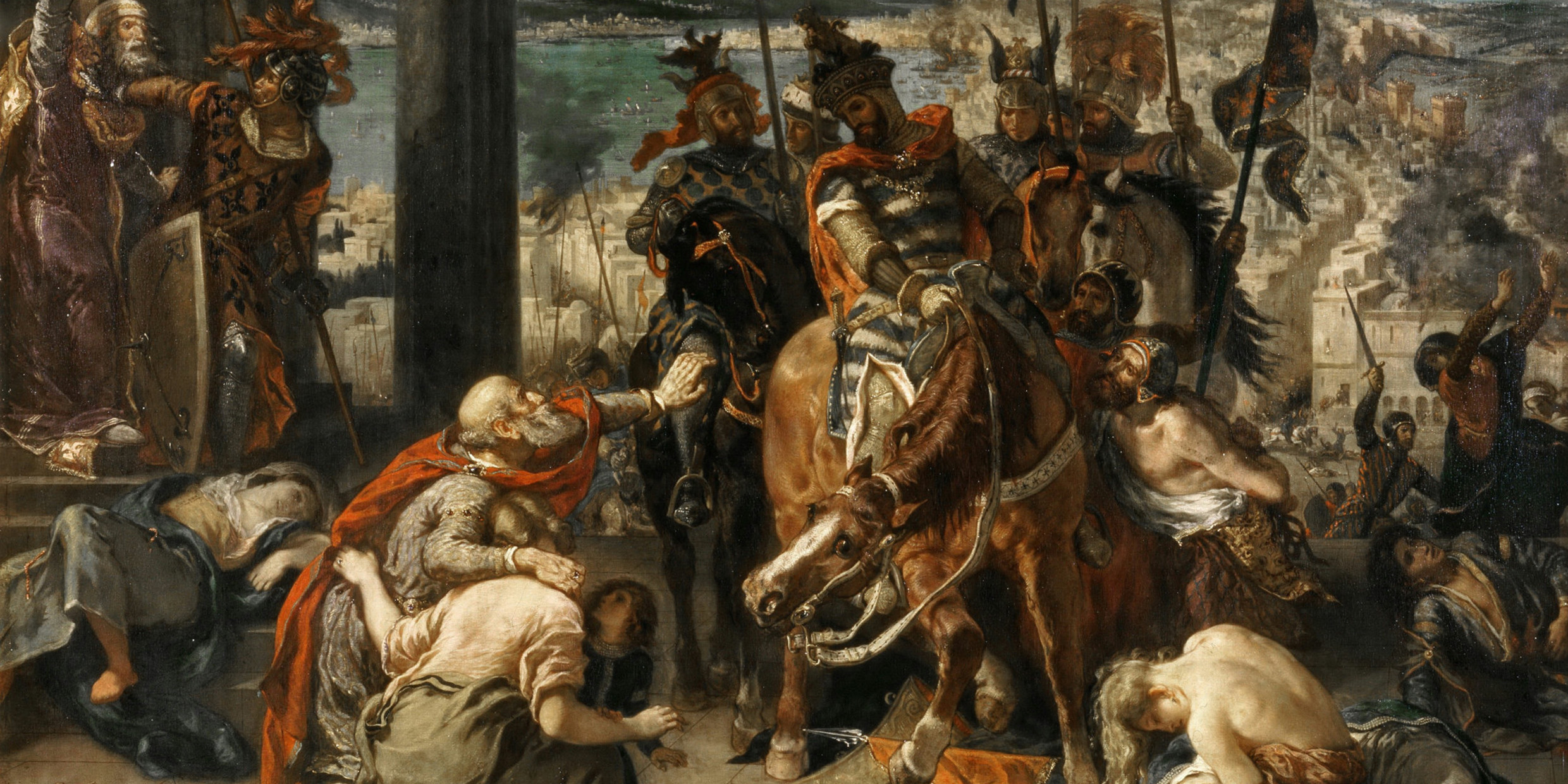Painting of crusaders on horseback sacking the city of Constantinople