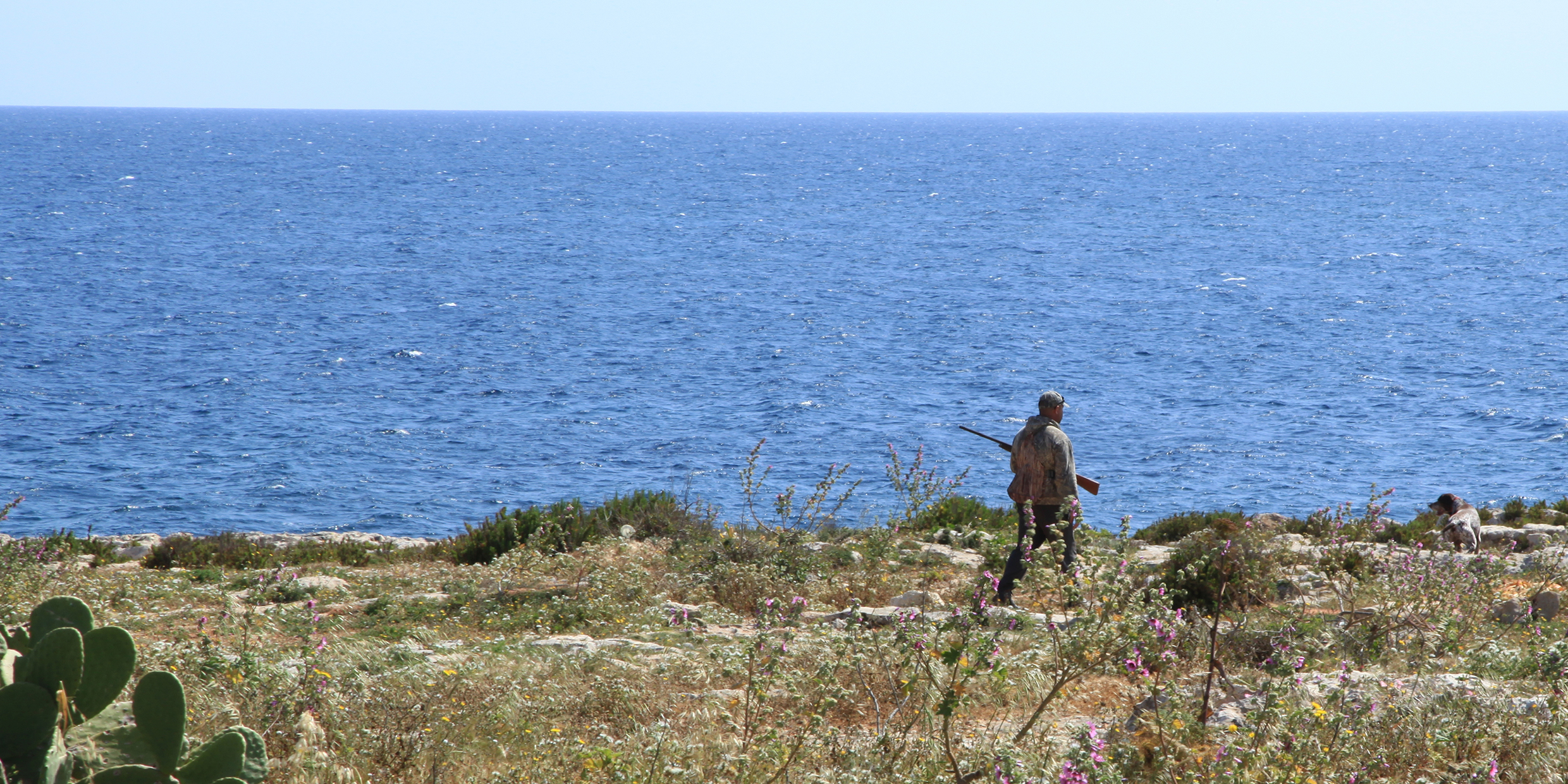 Image of a hunter carrying a shotgun on the Maltese coast