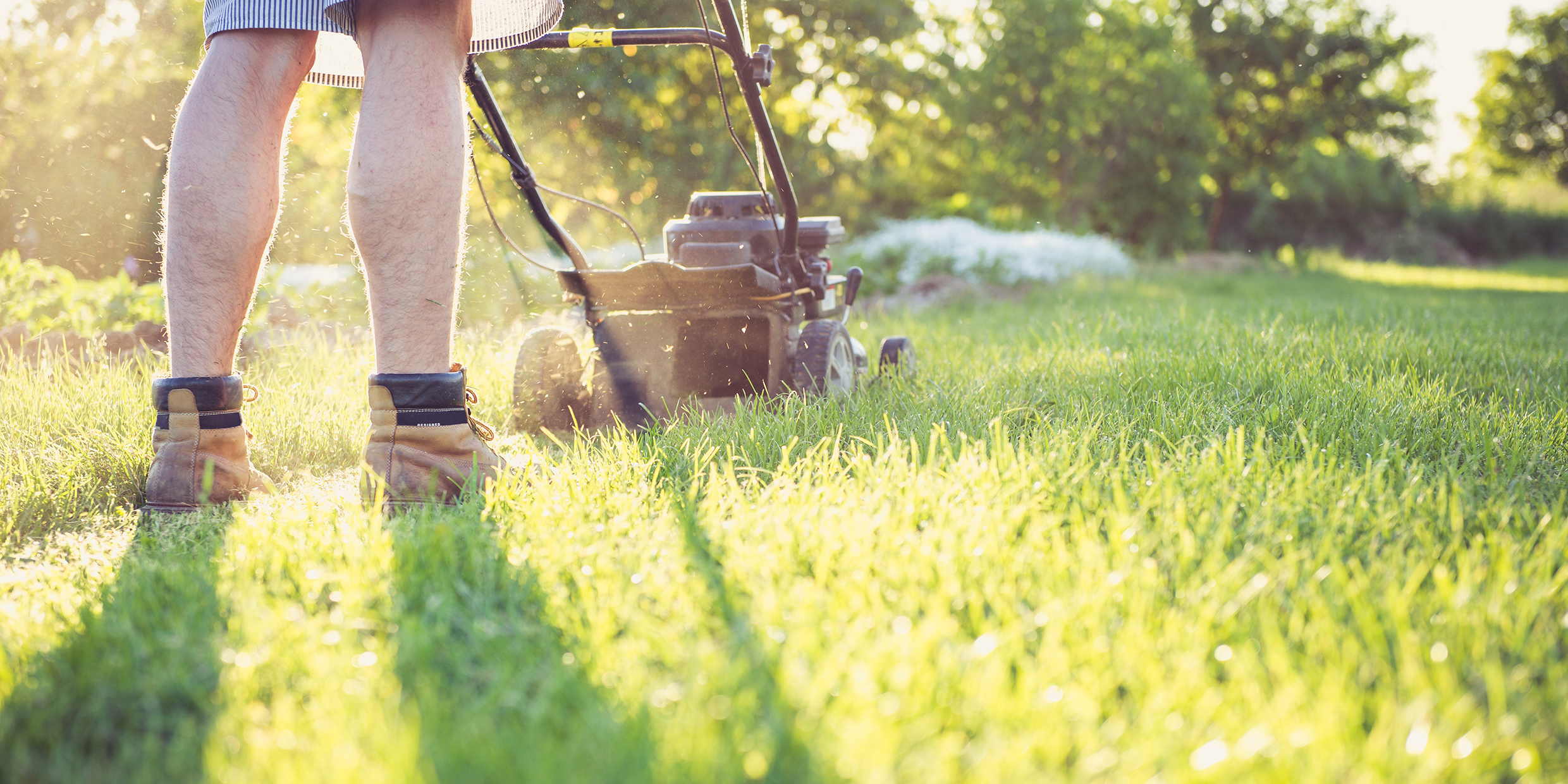 Image of a man pushing a lawnmower across a lawn