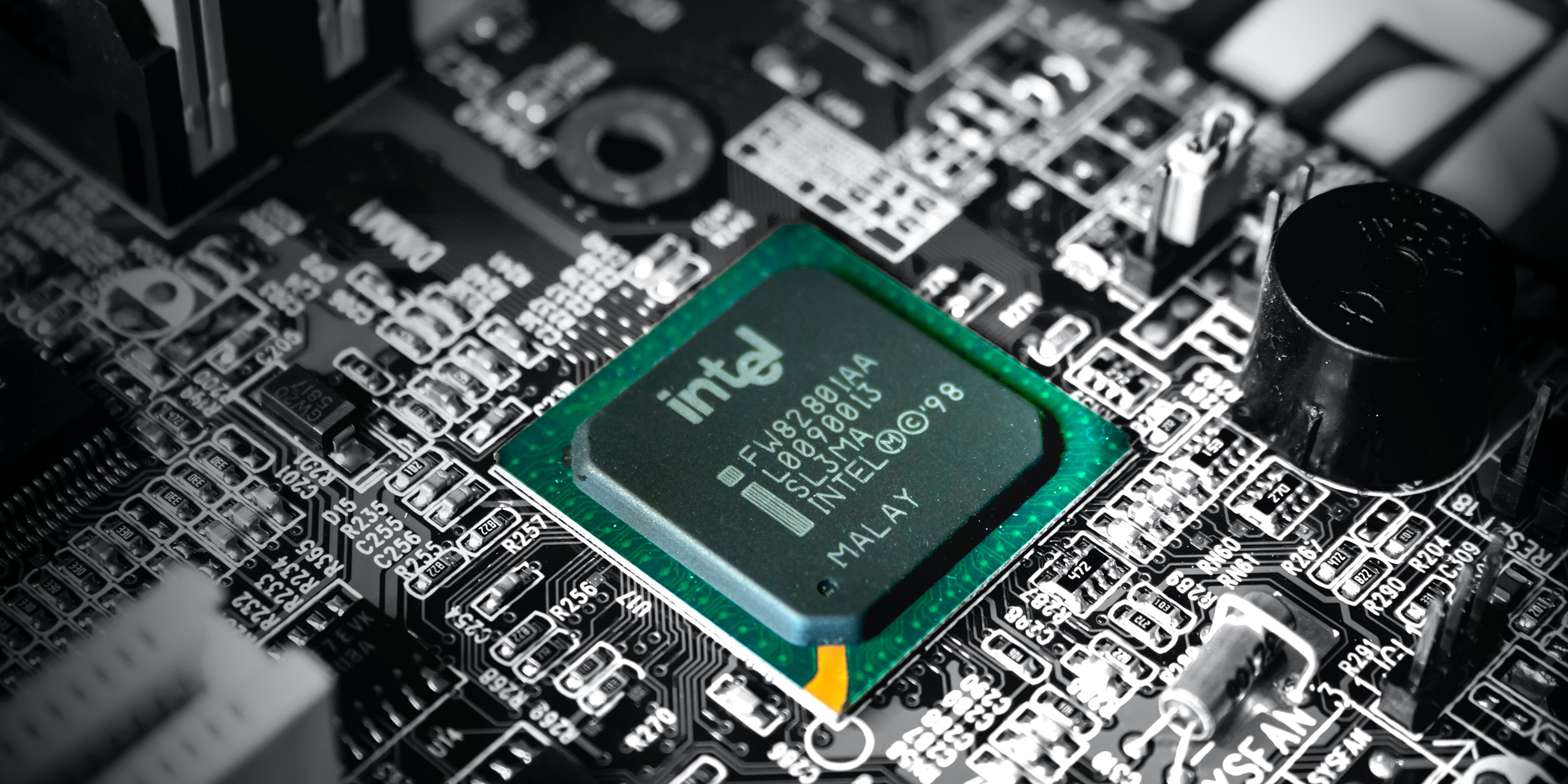 Closeup image of a Intel processor on a computer motherboard