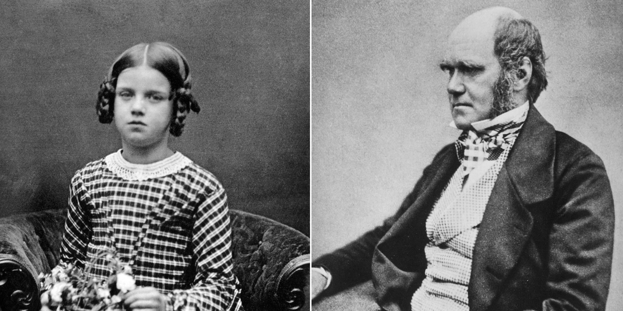 Black-and-white photographs of Annie Darwin and Charles Darwin