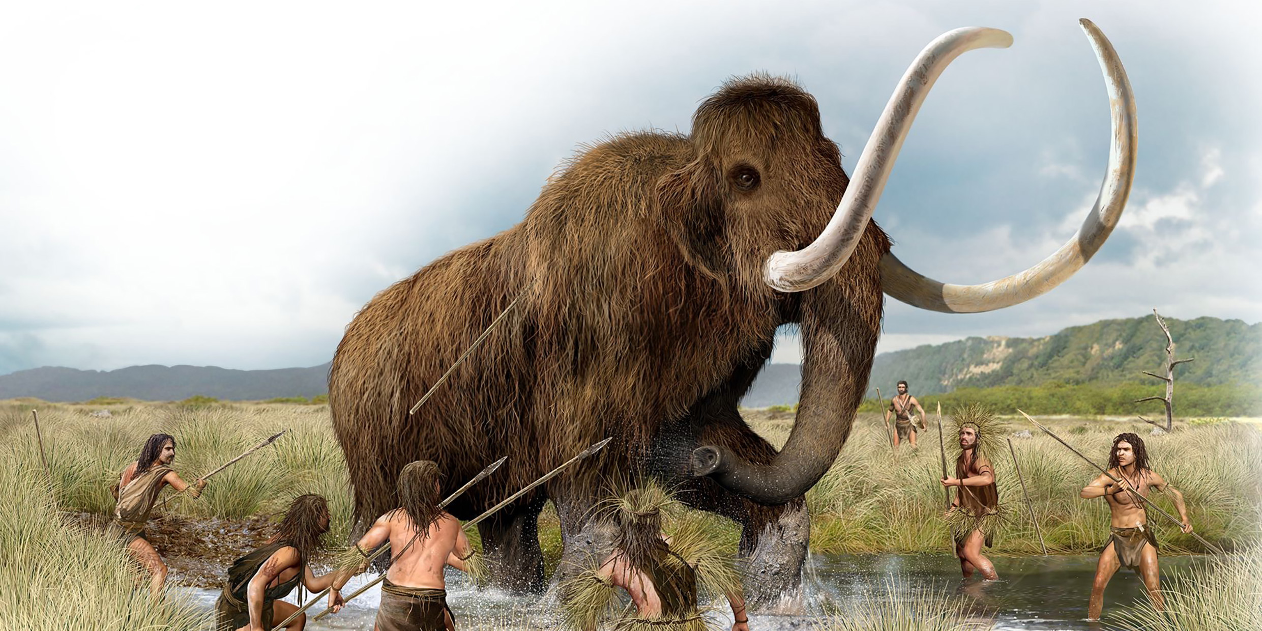 Artist's impression of hunters taking on a wooly mammoth