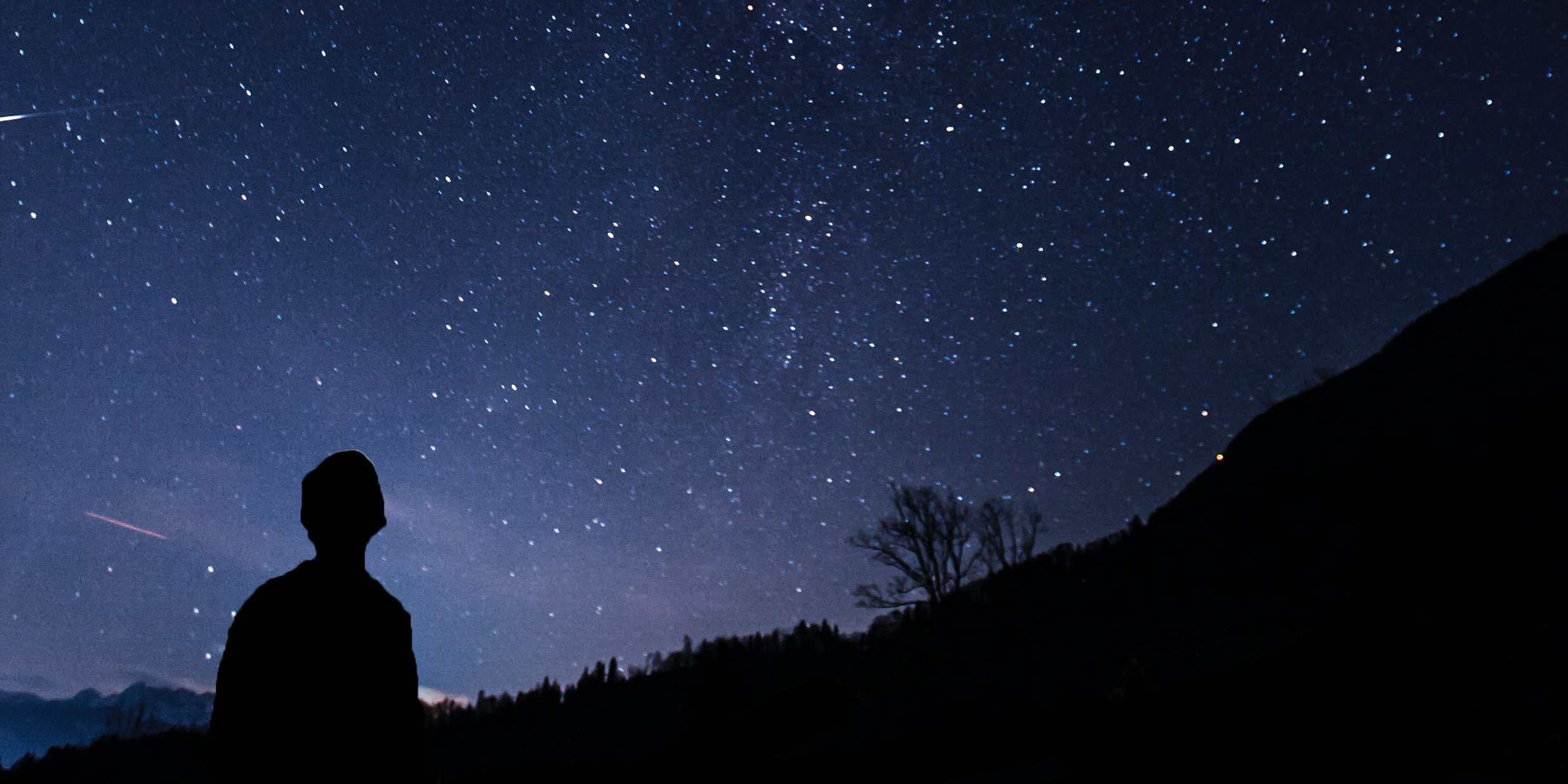 Image of a silhouetted person looking up at the night sky