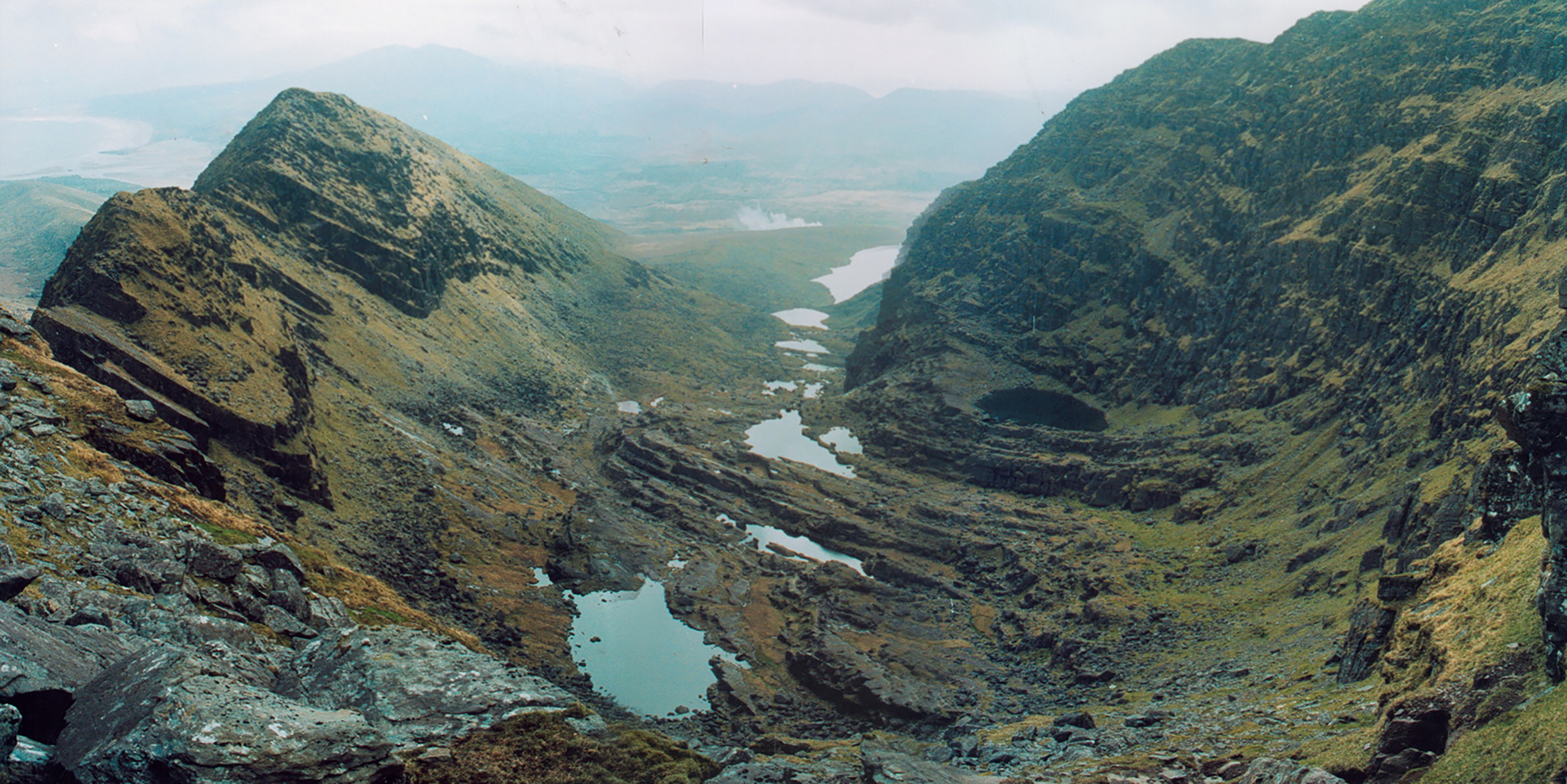 Image of a rocky mountain valley with a chain of small lakes