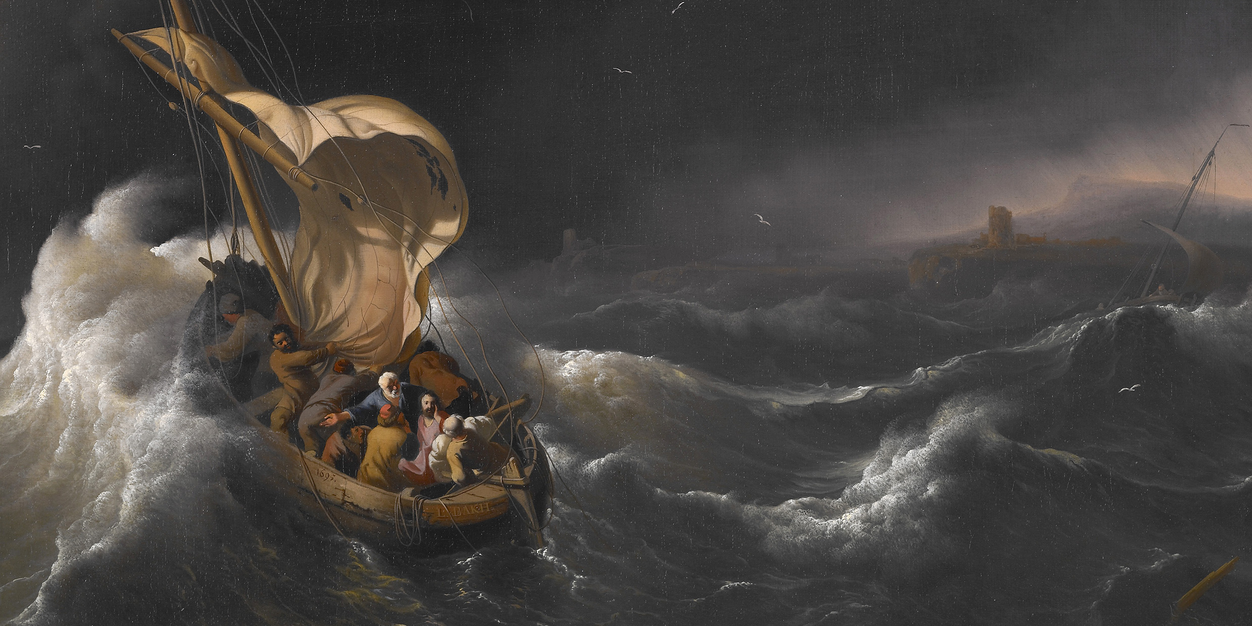 Painting of Christ and others in a boat on a stormy sea