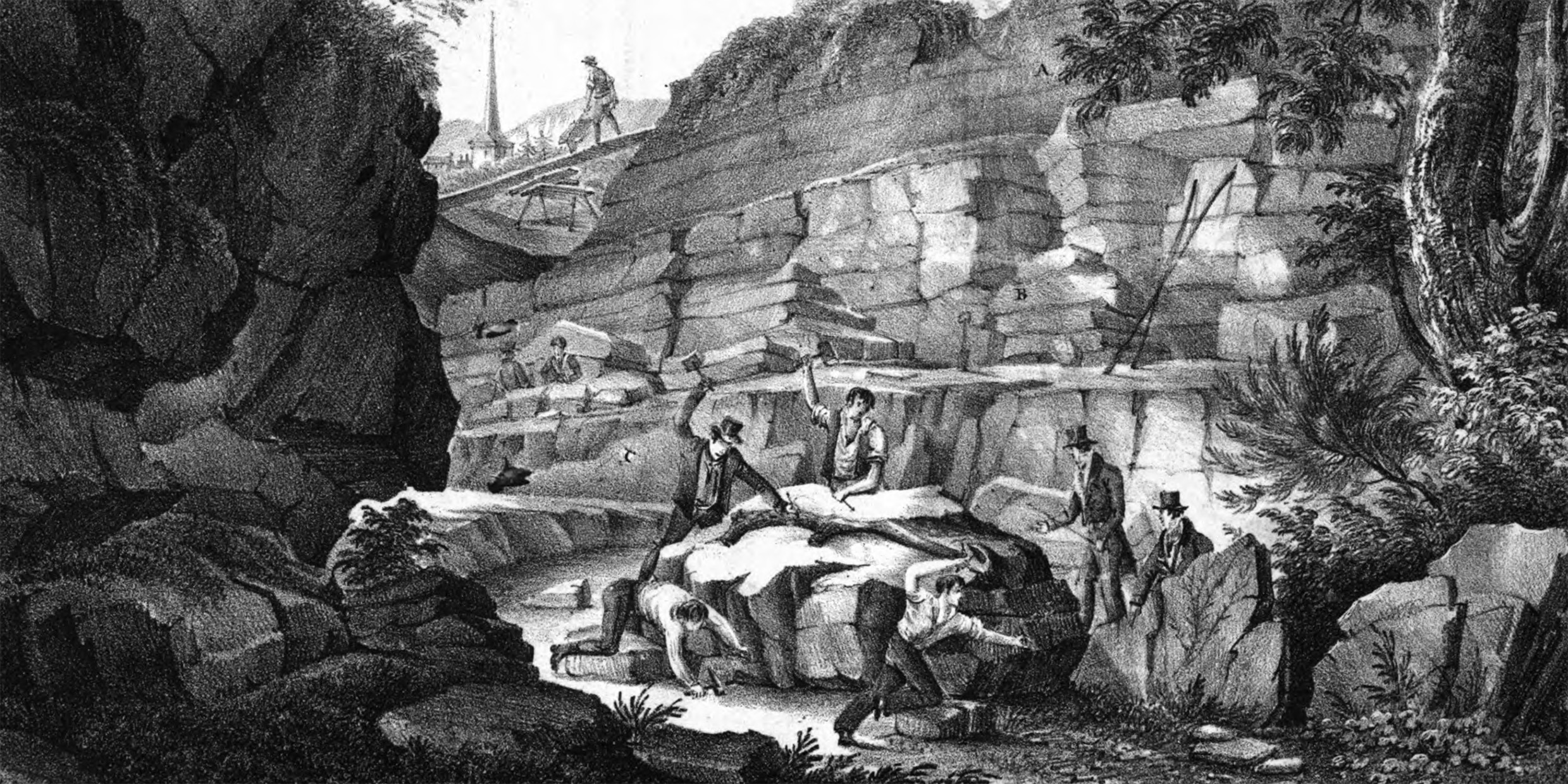 Engraved illustration of 19th-century scientists at work in a quarry
