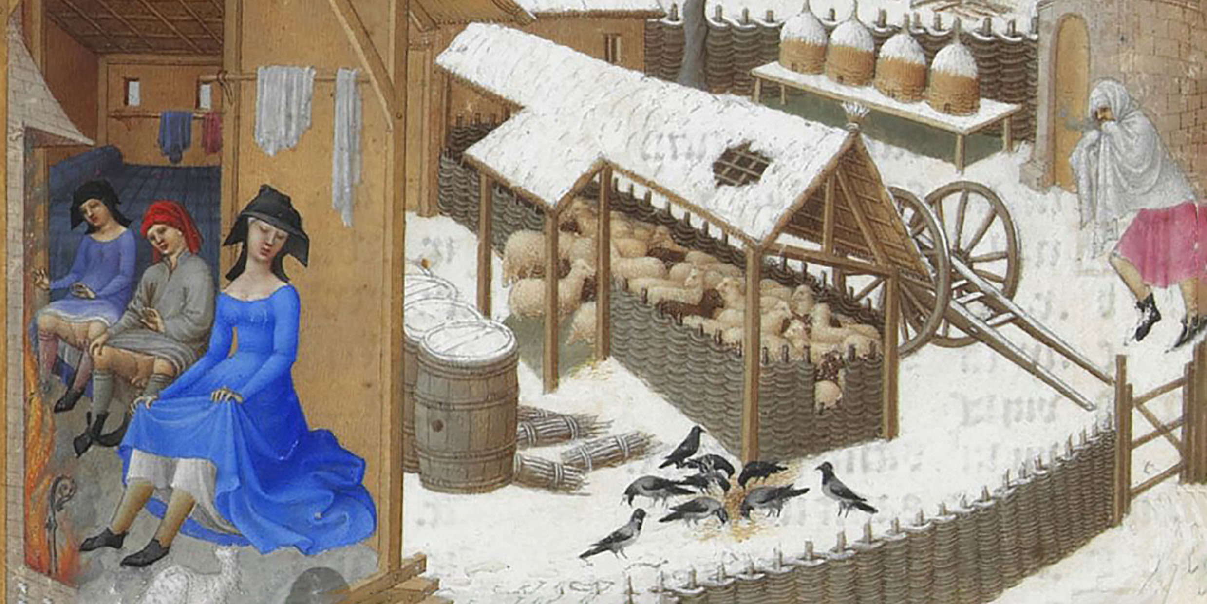 Medieval illustration depicting a woman warming her legs by a fire while outside is snowy and frigid