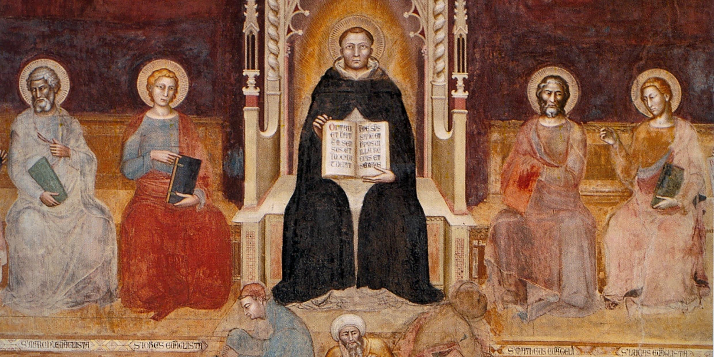 Medieval fresco painting of a robed man seated on a throne holding open a book